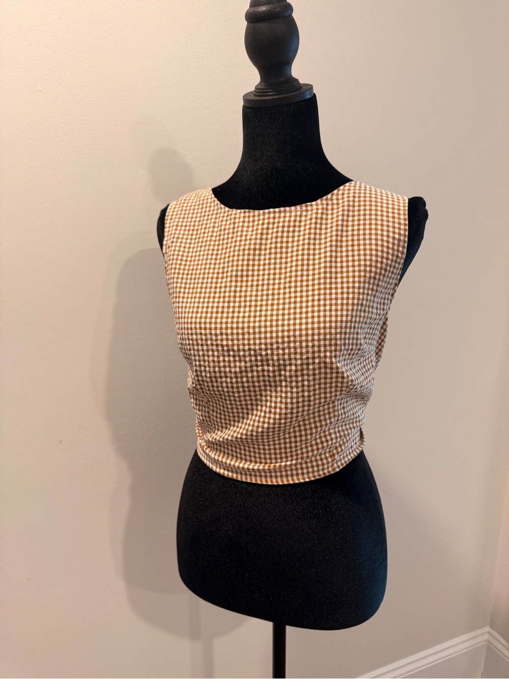 Gingham Open Back Tie Crop Top Brown White Cottagecore Size L
